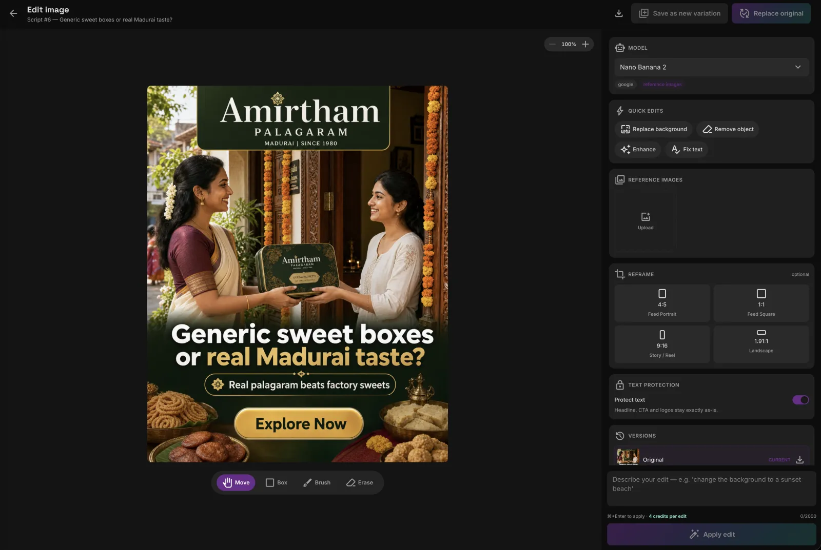 The adUniScale image editor: a Pongal saree ad on canvas with quick edits, reframe options, text protection and a plain-language edit instruction typed in