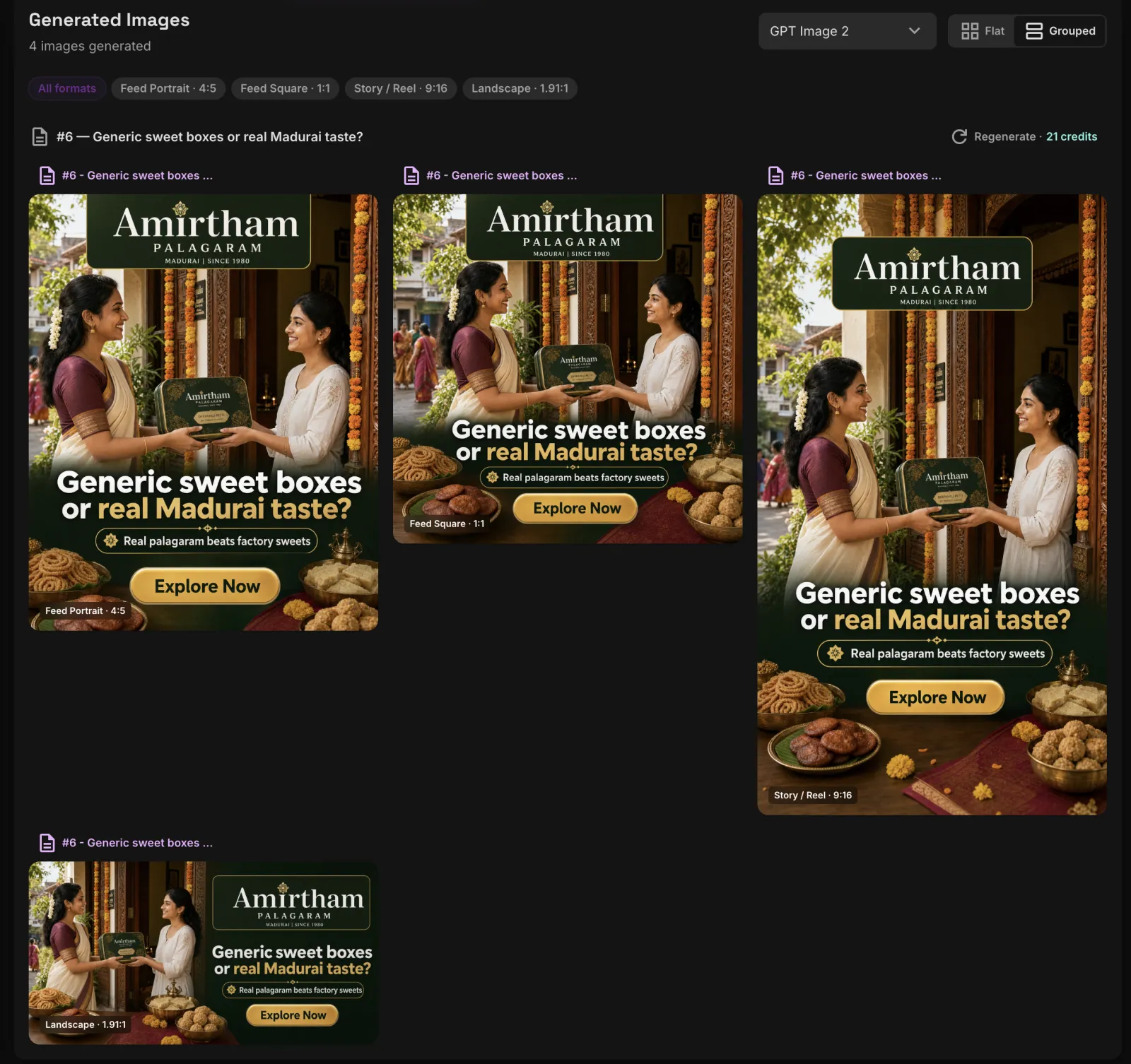 The generated-images gallery in flat view: the same English saree ad adapted to Feed Portrait, Feed Square, Story/Reel and Landscape, plus an edited twilight variation
