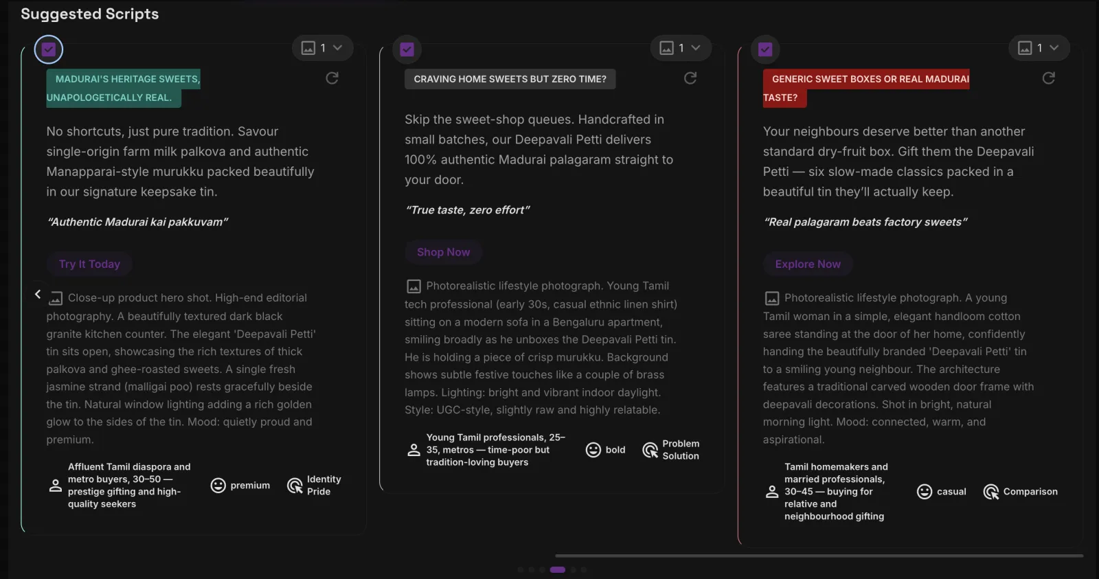 Three generated English ad scripts for a saree brand's Pongal campaign — each with a hook, main text, CTA, visual direction and audience metadata