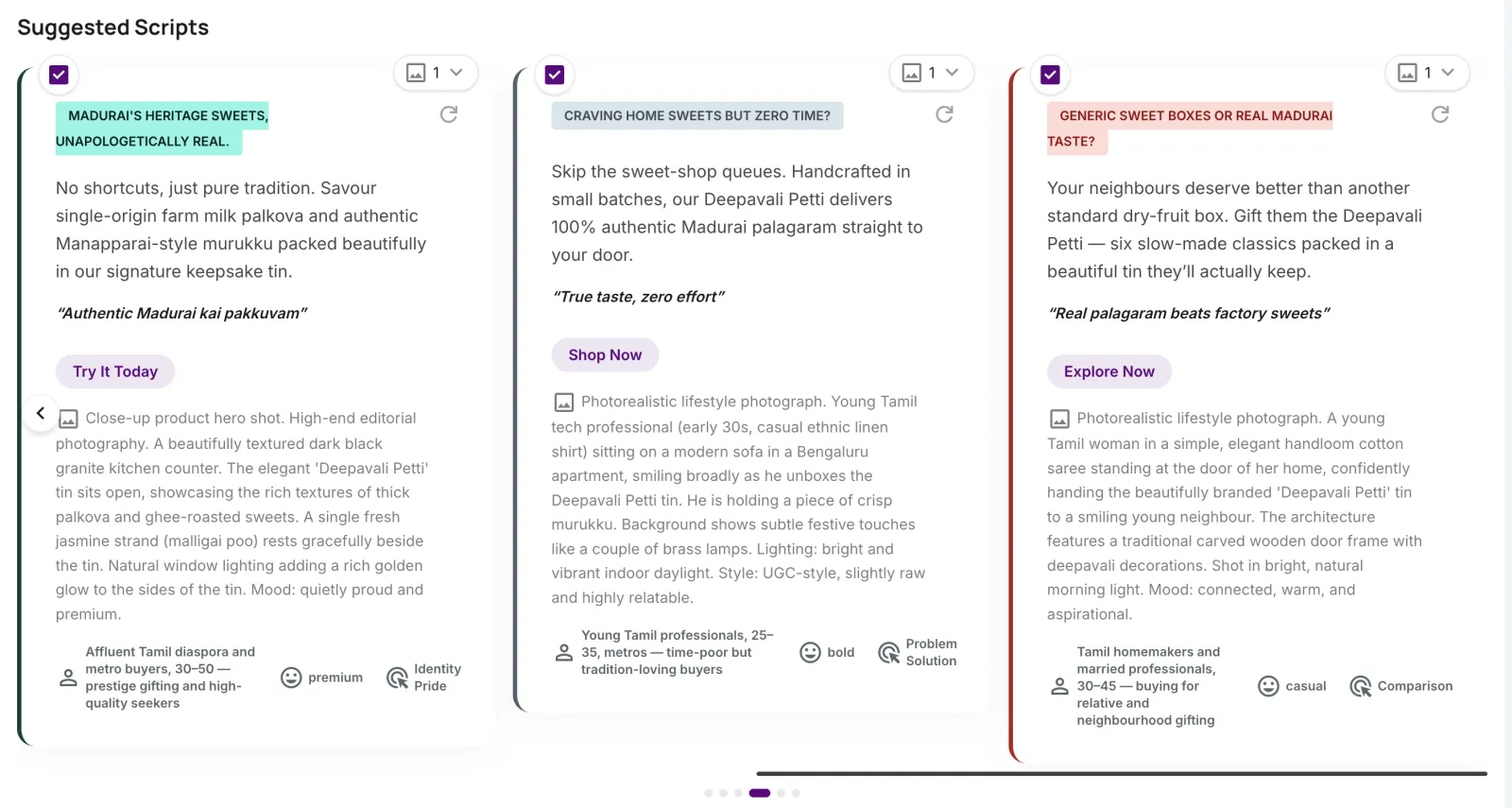 Three generated English ad scripts for a saree brand's Pongal campaign — each with a hook, main text, CTA, visual direction and audience metadata