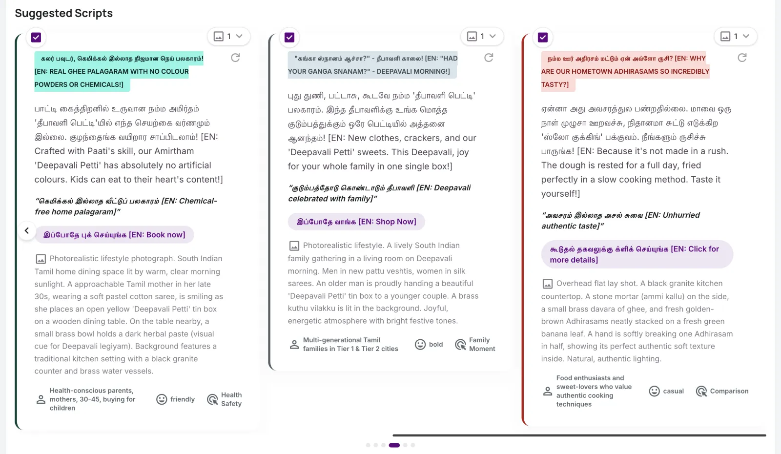 Three generated Tamil ad scripts for the same Pongal brief — native Tamil hooks, main text and CTAs, each with an English gloss