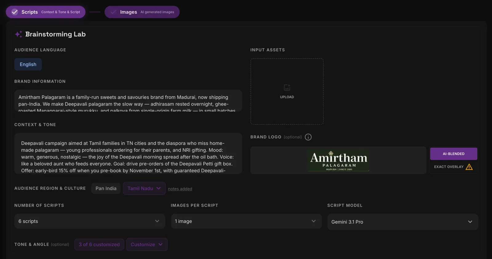 The adUniScale brief: brand information, product link, context and tone, with a Tamil Nadu audience-culture playbook selected