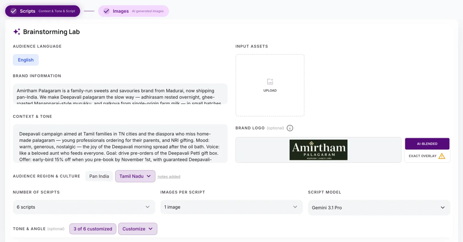 The adUniScale brief: brand information, product link, context and tone, with a Tamil Nadu audience-culture playbook selected